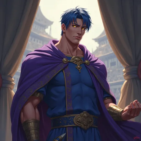 The Reincarnation of Constantine the Great 。 Anime Characters。Elegant men, 20th Generation,  mature man,Metallic blue hair。, Short straight hair,  neck-length hair , Golden Eyes, Tall。Pompidou々。Blue tunic, purple toga with intricate gold thread embroidery ...