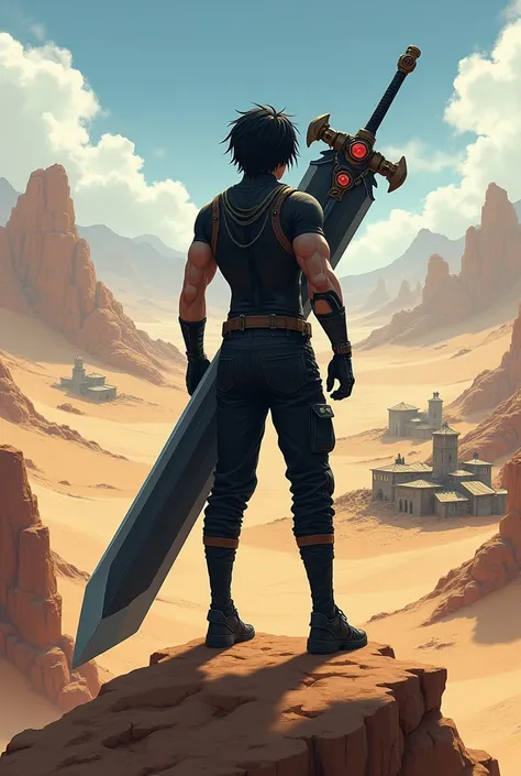 A strong teenager muscular boy standing on a desert hill looking down on to a little village holding a Gigantic  Sword on his back Wearing a black cargo pants and black body anime use the style of cyberpunk Make the hair a little bit longer.