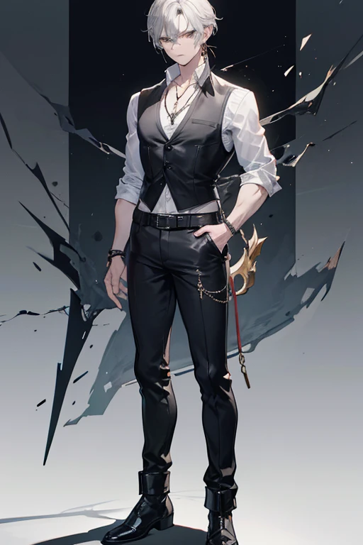 A full-body illustration of a 30-year-old man with a rugged, medium-built physique. He has short gray hair, styled neatly but slightly tousled, and striking golden eyes with a sharp, melancholic gaze. His darkened skin has a faint scar on his left cheek. H...