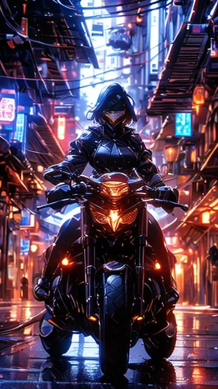 Sexy cyborg girl, big breasts in a cyberpunk city alley at night, Cyber ​​samurai, cool action pose, high detail, reflective armor, shadows showing the details of wires and body mechanisms, action sci-fi movie poster tone.