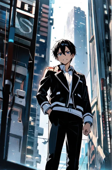 masterpiece, 最 High Quality , 8k, ((1 male, Alone, male focus, confident,)),  Above a Skyscraper in a Big City , 最 High Quality , Kirito,  Japanese Anime Style Cool Guy ,  Sword Art Online , Wearing a Black Naval School Uniform with a Black Close-Collared ...