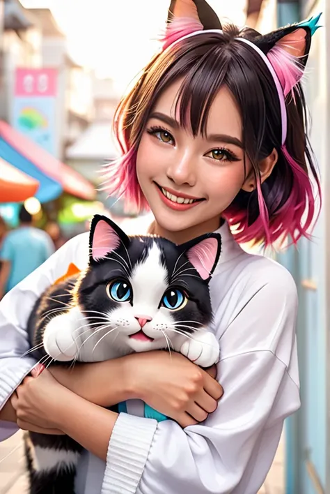 Cat ears, cat tail, Cat girl, holding a big fish in both hands, sparkling eyes, big smile,A vibrant market