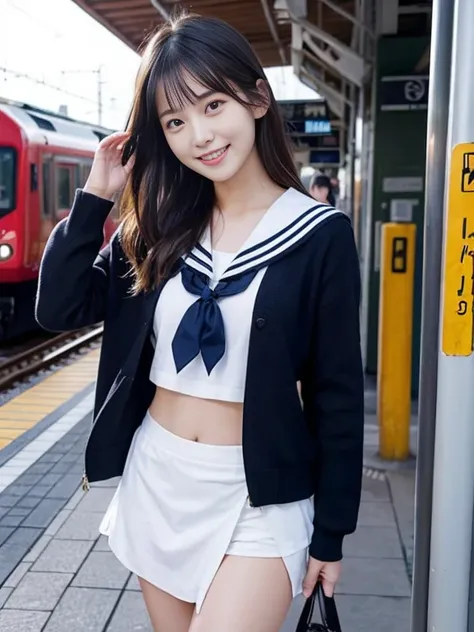 Pretty girl in sailor suit、 A scene where the miniskirt is turned over due to a gust of wind from a train passing through the station on a Japanese train station platform、Small white panties made of low-rise fabric underneath the skirt are revealed 、smile