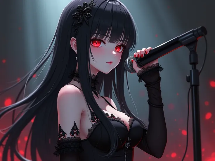 Create a white-skinned singer ,  long black hair,  red-eyed , Young,  with a microphone in her hand as if she were singing,  wearing anime-style gothic clothing 