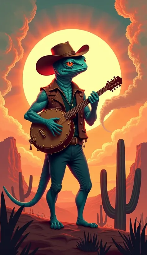 Vintage Travel Poster. A dapper chameleon cowboy, wearing a weathered leather vest and a fancy watermelon hat, silhouetted against a luminous cookie radiating light amidst swirling colorful clouds, stands on a small rise on the desert mesa, playing a haunt...