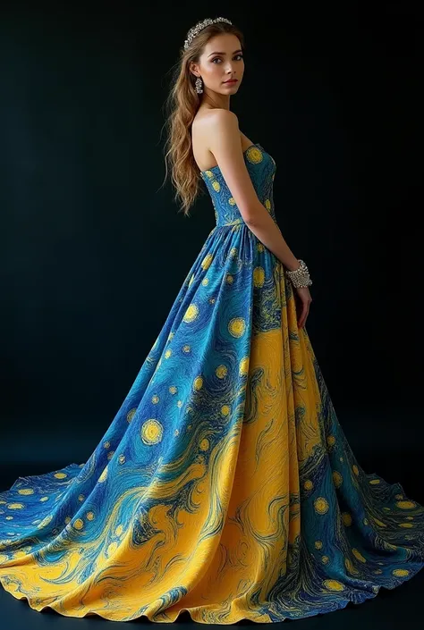 model in a gorgeous dress and accessories inspired by the artistic style of Vincent Van Gogh especially the starry night with a black background 