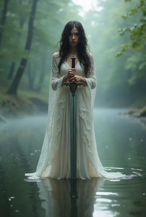 
Prompt> A mystical and ethereal woman standing waist-deep in a serene forest lake, holding an ornate medieval sword vertically. Her flowing white gown with intricate lace details cascades into the water, and her dark, wavy hair is damp, framing her face e...