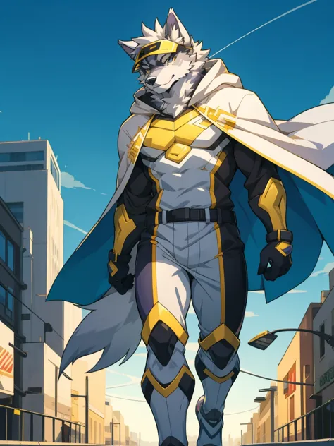 anime style picture of grey husky man in a white and gold stripes hero suit, white hood, white cloak, yellow hero visor, high qu...