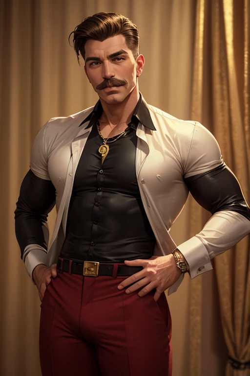 Charismatic 80s male adult film star, styled brown feathered hair, thick mustache, open silk shirt, gold chain, confident smirk, retro studio lighting, velvet backdrop, warm tones, seductive and flashy vibe, vintage aesthetic. 

Solo, Anatomically Correct,...