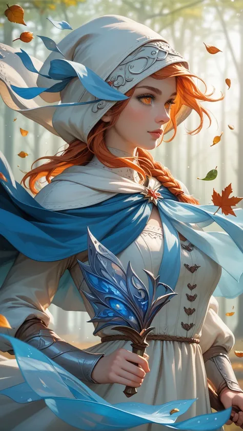 score_9, score_8_up, score_7_up, (masterpiece, UHD, 8K, 16K, ultra detailed), sfw, upperbody shot, 1girl, elf, orange eyes, one side braided hair, ginger hair, holding a red leaf, white dress with hood, intricate details, (murmuring leaves), (wind:1.2), (m...