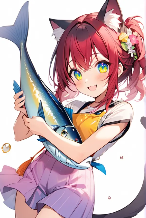 Cat ears, cat tail, Cat girl, holding a big fish in both hands, sparkling eyes, big smile,A vibrant market