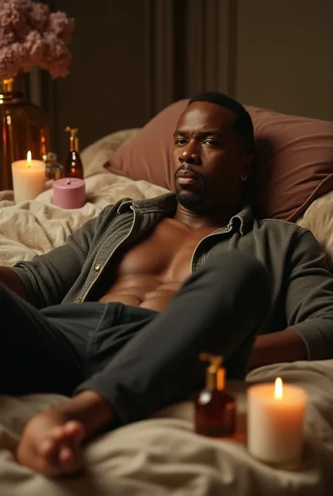 P diddy , Lying on a bed, showing his dirty feet and cheeks, with baby oil bottles everywhere 