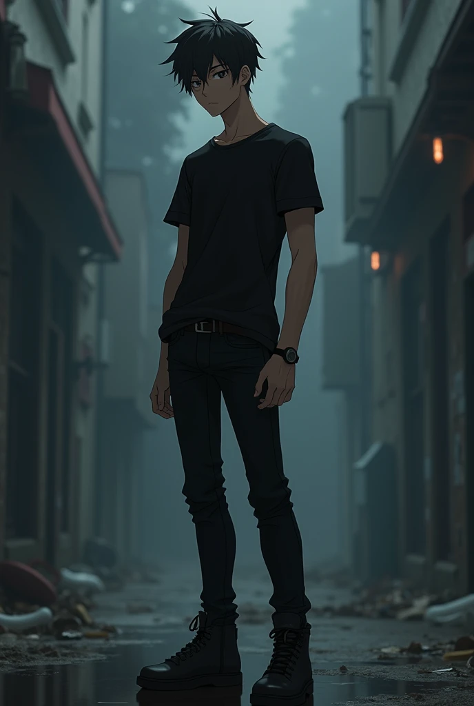 Anima character with black shirt and black jeans with blacks shoes boy

