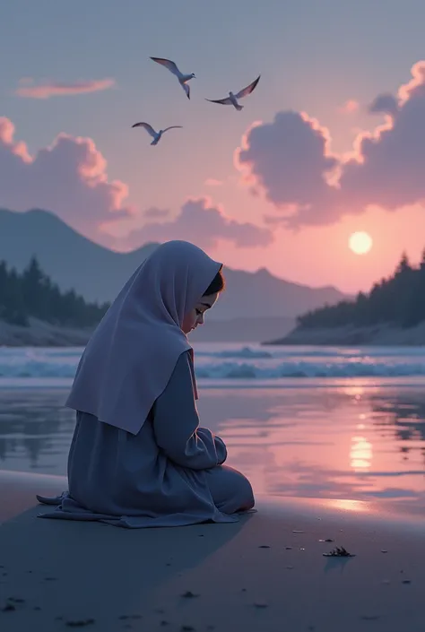 Disney Pixar, seen from afar the shoulder of a teenage girl wearing a syari hijab with a soft colored gamis and . Sitting with her back to the beach. she hugged her knees and lowered her head sadly on the edge of the beach with a slightly cloudy twilight v...