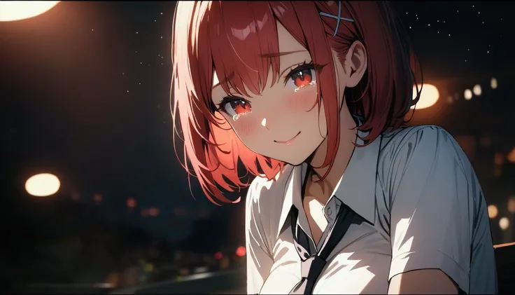  Shorthair, ( red hair:1.2), X Hair Ornament, Red Eyes,tie,  girl,One person,  collared shirt,  white shirt, Short sleeve,  pleated skirt, student,  best quality, masterpiece,  high definition , big chest、smile、highest quality, intricate details, (cinemati...