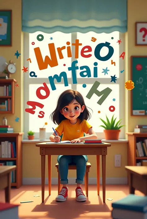 a poster with the text "PEQUENOS ESCRITORES FAZEM GRANDES OBRAS!" and a drawing of a woman sitting at a classroom table, writing while letters fly around the room, in Disney Pixar format.