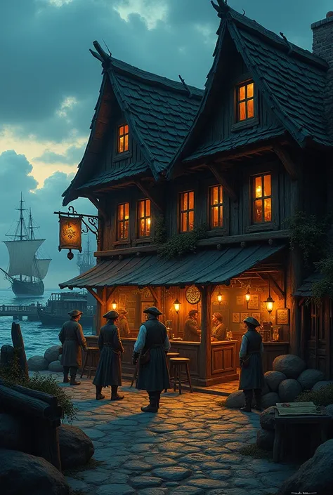  artwork,  seafront tavern, for pirates ,  dark volume building ,  High detail 