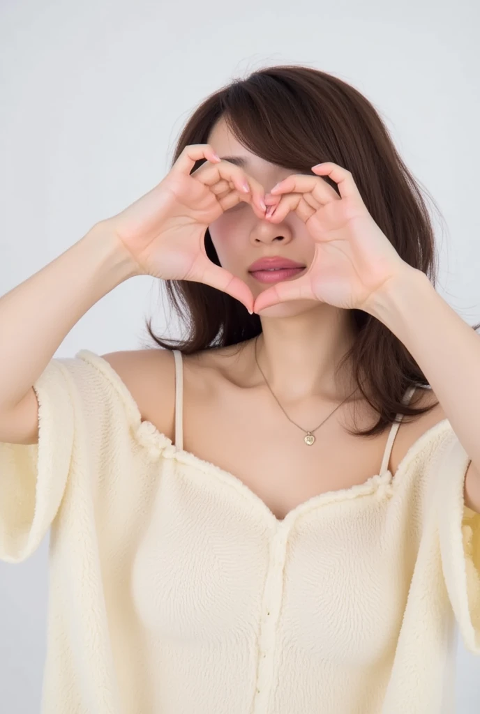 Only one woman with a cute smile wears cute, fluffy off-shoulder pajamas, makes a big heart shape with both hands, and poses them in front of her chest, View above collarbone、The background is a monotone 、
