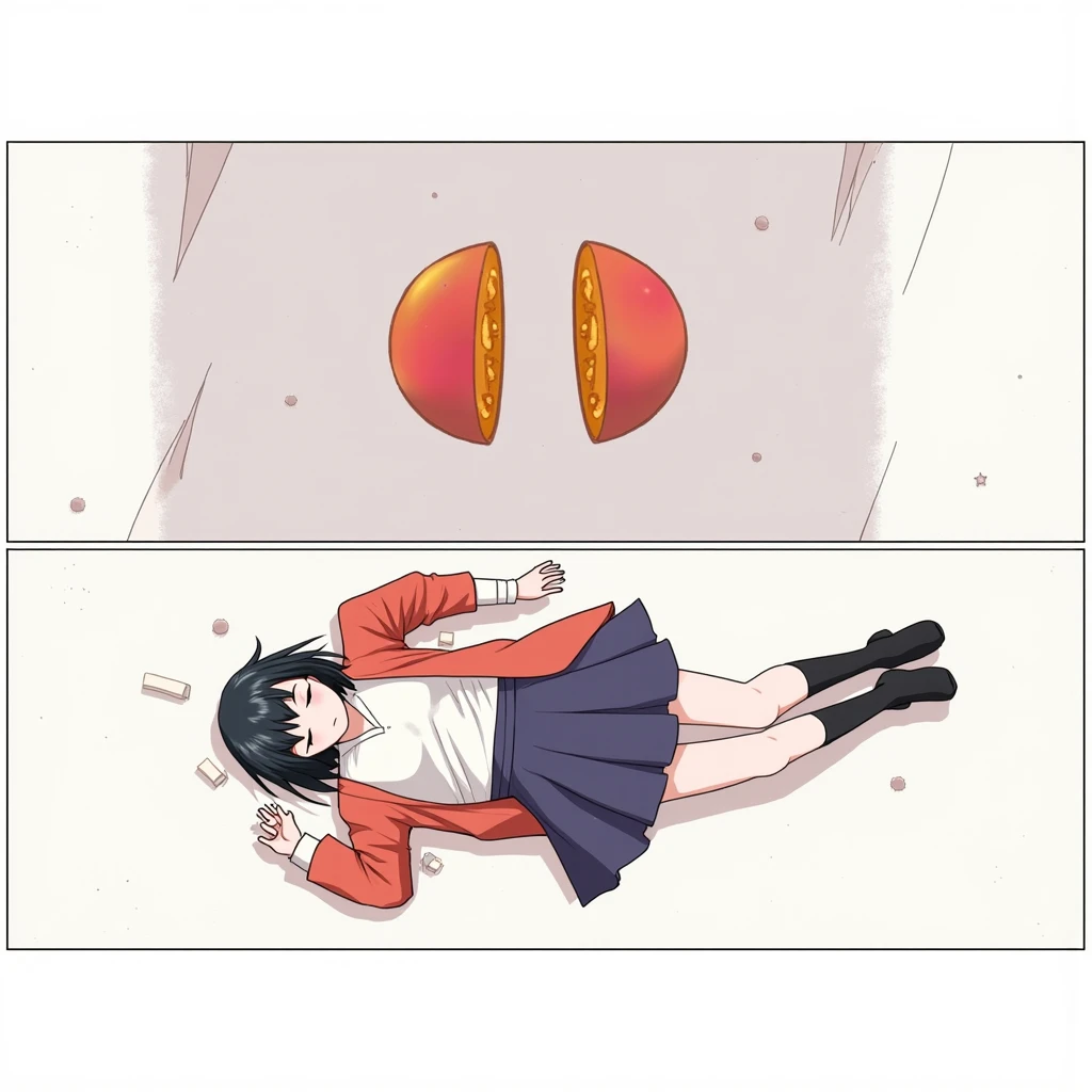 two discontinuous parts but has subtle connection. In the upper part, a mango is cut vertically with a knife. In the lower part, a girl wearing mango-colored clothes is lying horizontally, and the skirt is cut in half at the position corresponding to the m...