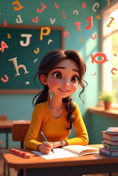 a poster with the text "PEQUENOS ESCRITORES, GRANDES OBRAS!" and a drawing of a woman sitting at a classroom table, writing while letters fly around the room, in Disney Pixar format.