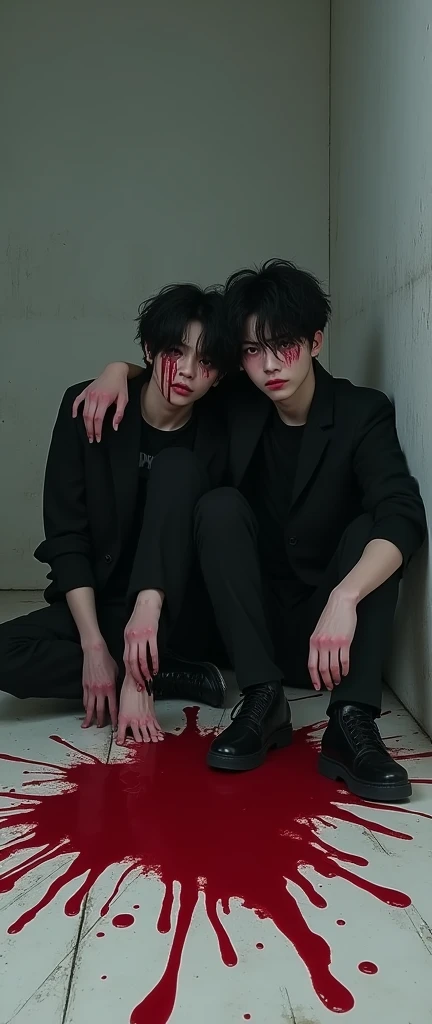 Stray s&#39; Hyunjin and Felix stained with blood sitting next to each other on the floor