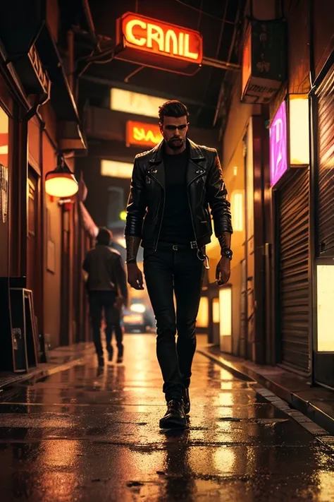 Brooding bad boy criminal, leather jacket, scruffy stubble, piercing glare, messy dark hair, cigarette in hand, dimly lit urban alley, neon signs reflecting on wet pavement, rebellious and dangerous aura, gritty and cinematic vibe.

Solo, Anatomically Corr...