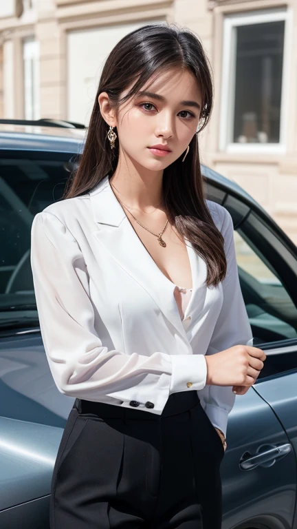 a beautiful 18 years old girl wearing formal black suit, white shirt, and black trousers, shes elite boss, shes very rich girl, elegant pose, standing in front of her Porsche, elegant Porsche, Porsche 911 GT-3RS, exclusive Porsche, expensive necklace, eleg...