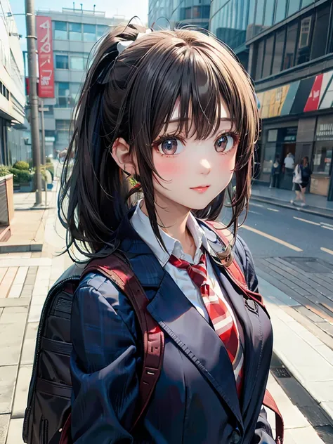 Fluffy ponytail, review,A girl with a backpack is posing for a photo, navy blue blazer uniform ,  white shirt, red and grey striped tie,  grey plaid skirt, Outdoor urban environment,  natural light,Casual atmosphere, Front View, The depth of deep writing, ...