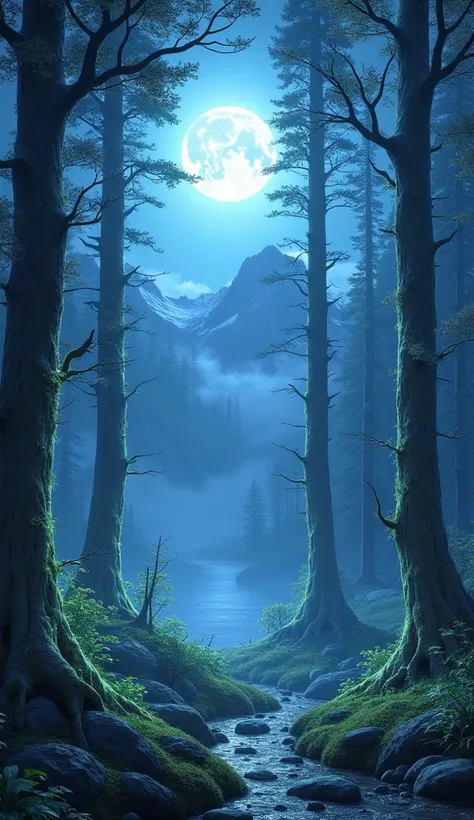 Animated image : A mystical forest with sparkling, glowing trees under a silver moonlight, framed by towering, mist-covered mountains.
