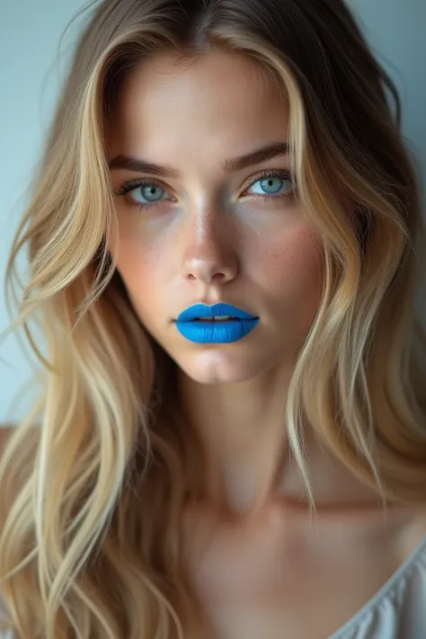  long hair , 19 year old blonde, with ,  thin eyebrows ,  Face of a young woman {x} face {x} face of a young woman {x} lipstick blue and almond eyes 4k quality 