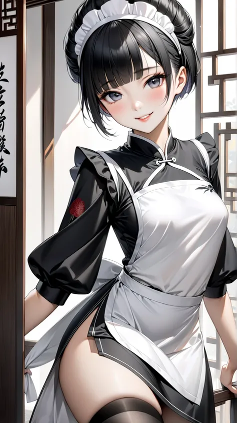 solo。 realistic drawing。High image quality。 High Quality 。 Digital Painting 。

 black hair、( pixie cut)。
 slender。Small breasts。adult。

 black and gray gradation eyes。
Squint your eyes。

Chinese dress style housekeeper。
Black clothes。 Puff Sleeves 。
 apron...