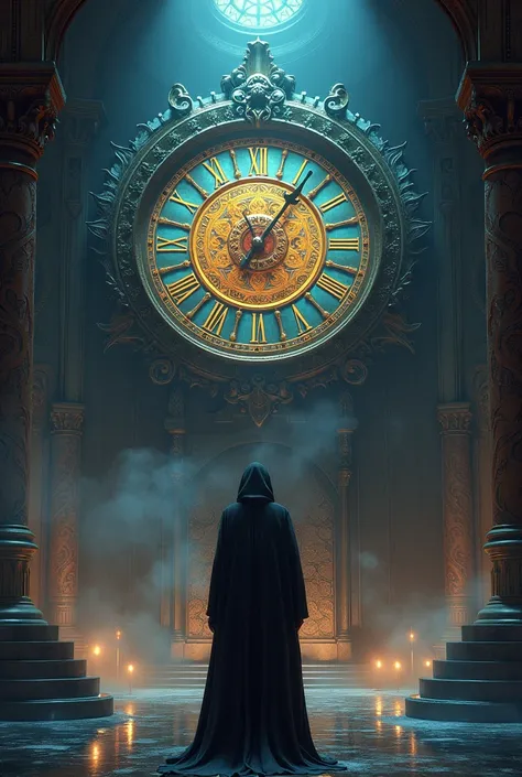 A massive clock with glowing, colorful gears in a mystical room, with the monk walking toward it, symbolizing the importance of time as life’s currency.