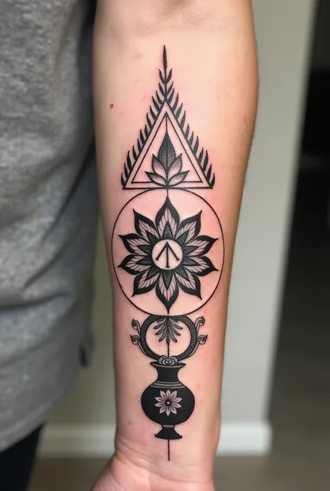 A combined geometric tattoo design inspired by ancient Indian art, symbolizing peace, strength, and happiness. The central focus is a lotus mandala representing peace, with intricate petal layers forming a symmetrical base. Above the mandala, a bold and an...