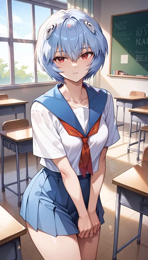 score_9, score_8_up, score_7_up, source_anime, masterpiece, best quality, solo, 1girl, age20, (Rei Ayanami from Evangelion, wearing Evangelion school uniforms), seductive pose, sexy pose, classroom, 