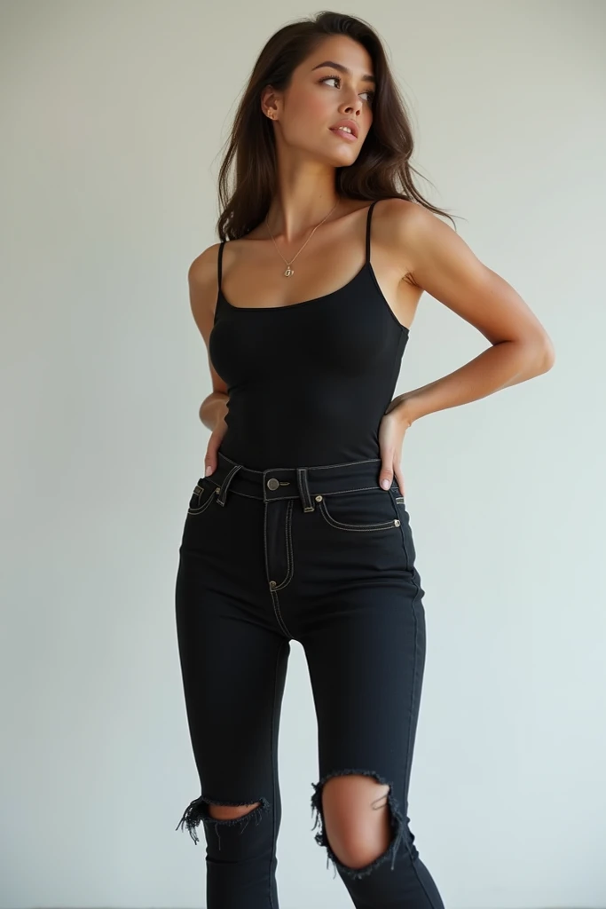 Create HD high quality resolutions pictures B-ROLL 4k 8 k of lady midi size glass hour body wearing in denim High-Waisted Skinny Jeans (Black): Keep rips at the knees for minimalism