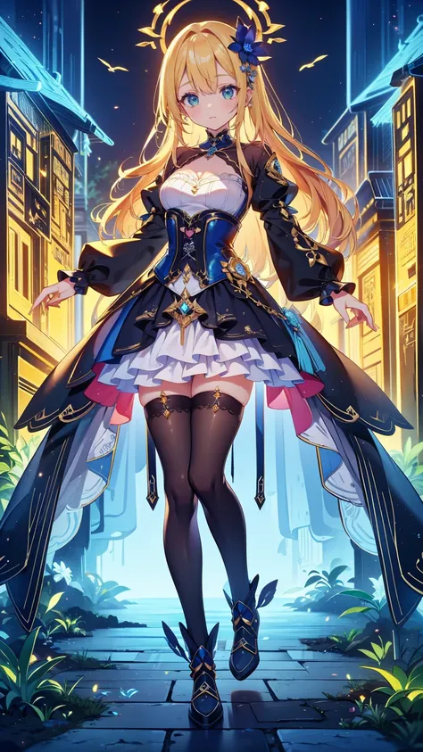 (((gothic))),  young woman standing in elaborate decorations  、 A fascinating scene , she was adorned with hair accessories、she is medium length,  wavy golden hair..。.。Super mini skirt with frills, sheの表情は自然だ,  Calm Expression . she wore a frilly-sleeved m...