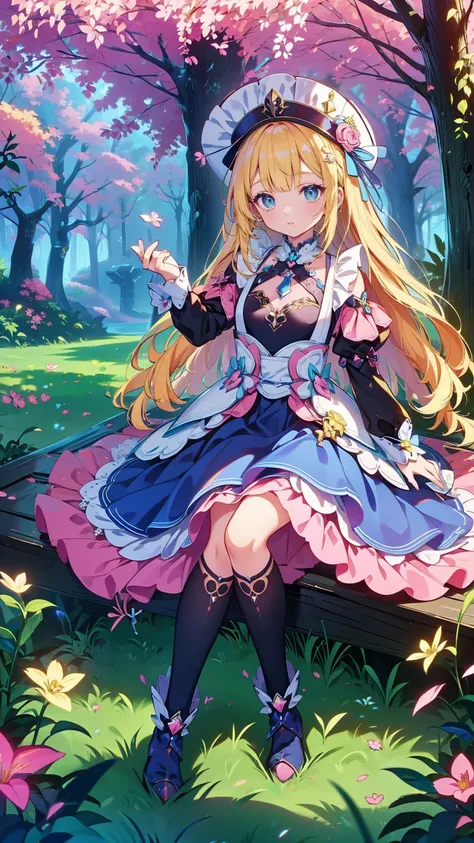 Anime Style 、story、、  pretty girl 、とてもcute天使、  pink gothic dress 、cute、baby face、smile、  long skirt 、  black boots 、Very cute headband Anime*** in maid costume sitting on the grass with long blonde hair and peach colored dress , Anime Barbie Statue , chang...