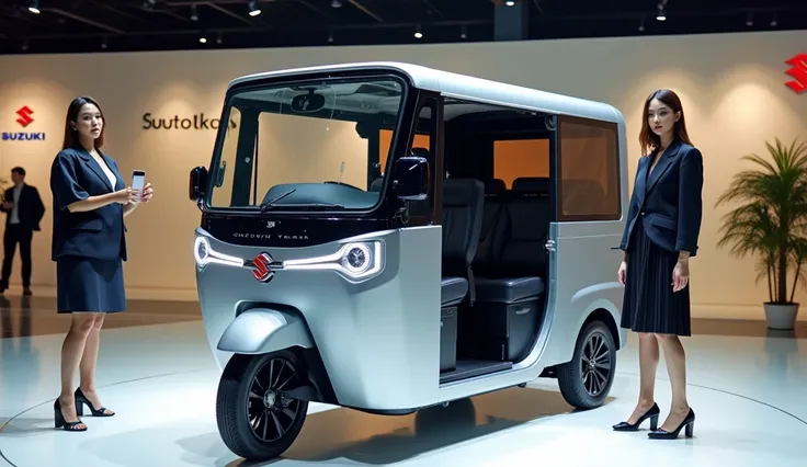 2025 real front pic of Suzuki auto rikshaw silver color real look in showroom also 2 stunning females and name and logo of rickshaw written on back wall of showroom
