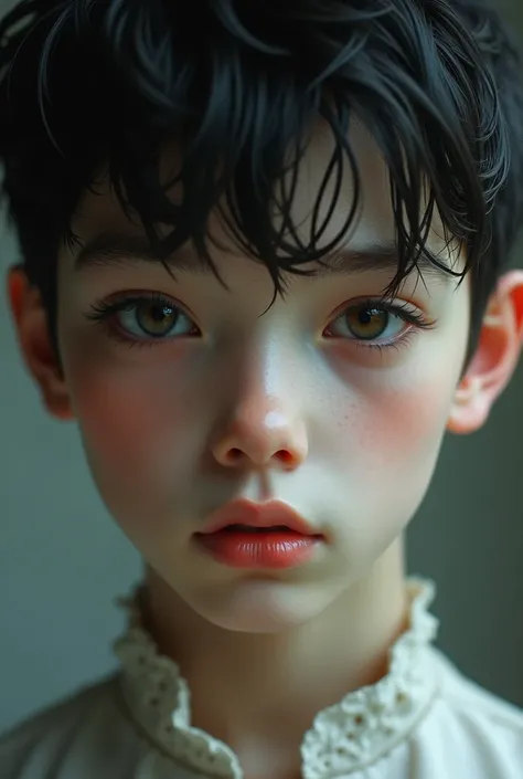  The boy was so handsome that it was difficult to think that we were a similar age.  He had eyelashes long enough for someone so young , with a small delicate nose , thin lips,  and a jawbone of some pointed shape .  His skin was white porcelain ,  and his...