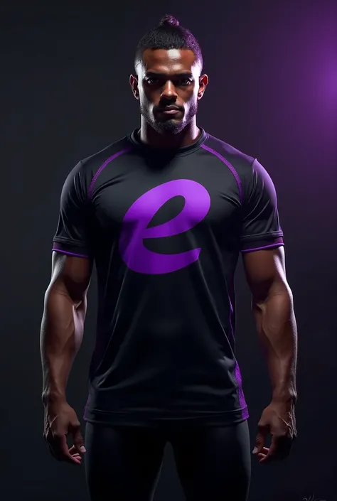 Art for a black team jersey with purple details by Neke with the letter E on the chest