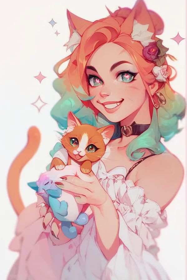 Cat ears, cat tail, Cat girl, holding a big fish in both hands, sparkling eyes, big smile,A vibrant market