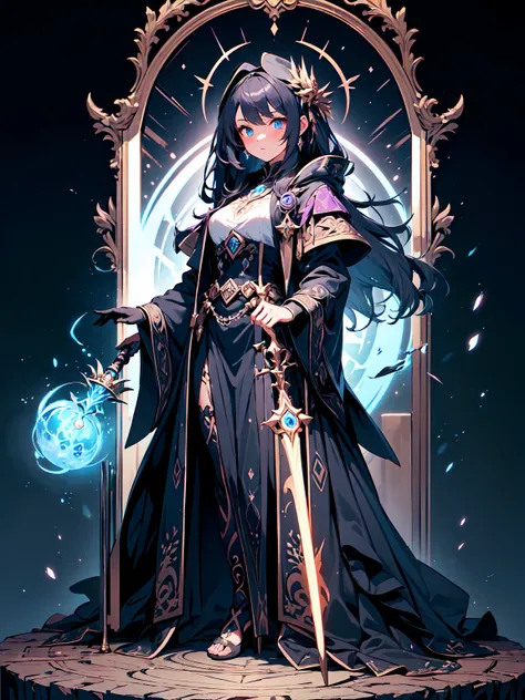 (((masterpiece, best quality, high detailed, 16k))) (1girl) A powerful sorceress with long violet hair and glowing blue eyes. She wears an intricate robe adorned with arcane symbols and carries a staff pulsating with energy from multiple dimensions. Behind...