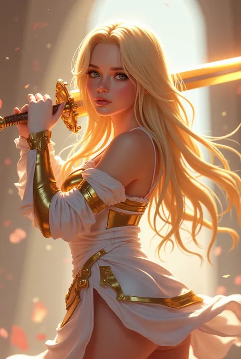   shins close and far  , theme MMORPG game style image of a blond girl with a sword you like,  wear bright gold and white armor , Minimal armor , Big Breasts :5.0,  Big Breasts .  theme color is pastel 、 image tone is dramatic . A masterpiece in the highes...