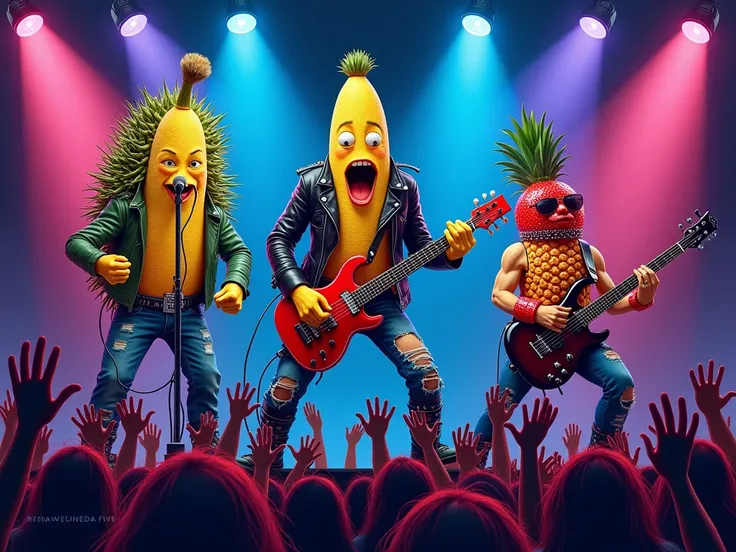 
A lively rock concert scene at night featuring a quirky band made up of a durian, a rambutan and a corn with arms and legs. The stage is lit up with dramatic, colorful spotlights, casting a mix of blues, purples, and reds across the scene to capture the e...