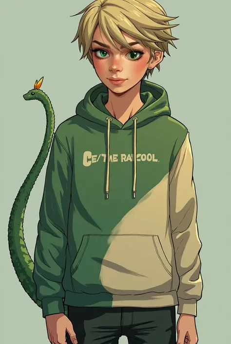 Cobie Jones(15 male naga short ash blonde hair piercing bright green eyes lower torso of a snake a mix of cream and green in color like ombre) had always been insecure about his tail. His mom and dad are both humans. he was born as a naga due to a rare gen...