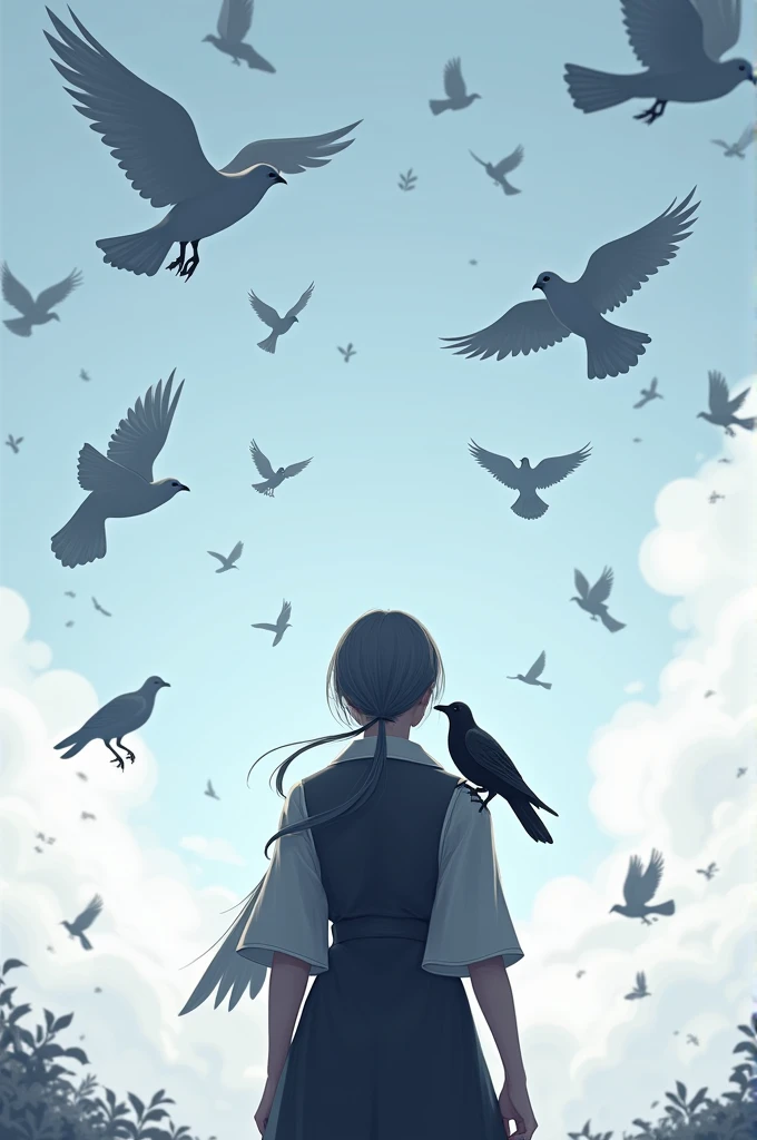 person facing back with several doves and crows at the sky and one crow perched on that persons shoulder, fully rendered and elegant art style