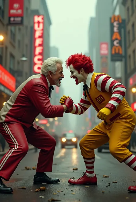 (photorealism:1.2), KFC and McDonalds fighting each other
