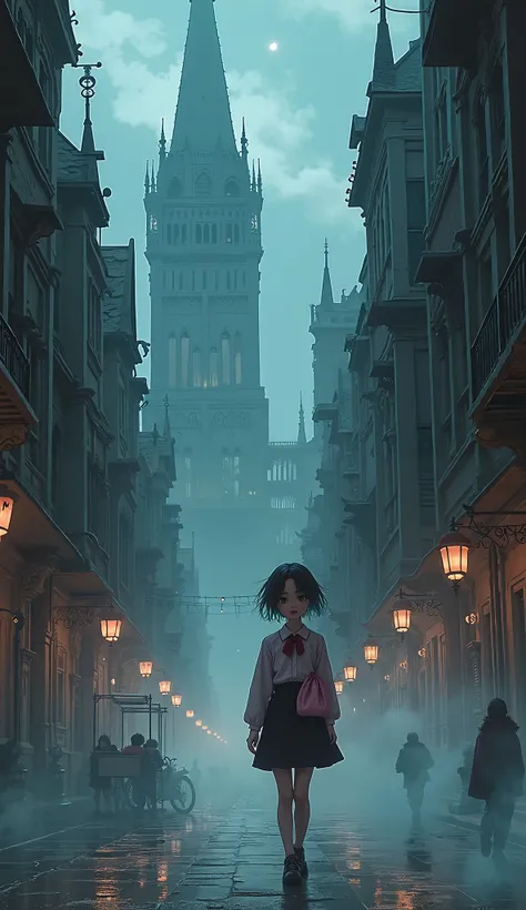 Akiko, a young woman looking like a Japanese manga in a city set in a Gothic style 