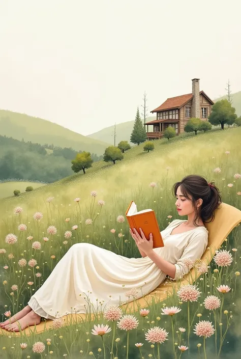 watercolor illustration of image of a woman lying in grass with flowers, reading a book ,  in cottagecore vibes