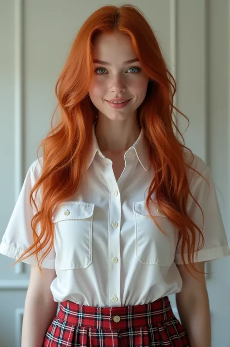 Best quality, photorealistic, super high resolution, a beautiful skinny teen redhead, super beautiful face, enormous bust, shirt is straining unable to contain bust, clear pores visible, (smile:0.8), wearing British schoolgirl uniform, original photo